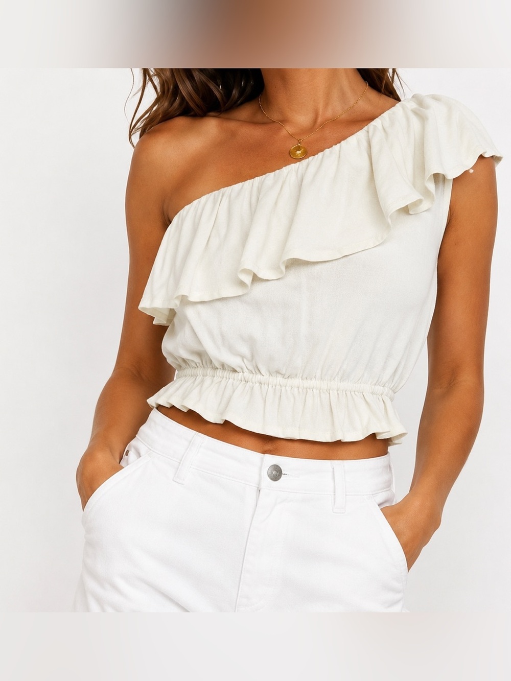 American Eagle White One Shoulder Ruffle Crop Top Size Large